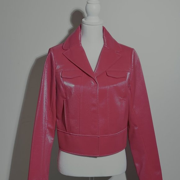 Tahari Red Patent Faux Vegan Leather Trucker Jacket Size Med - Picture 2 of 10